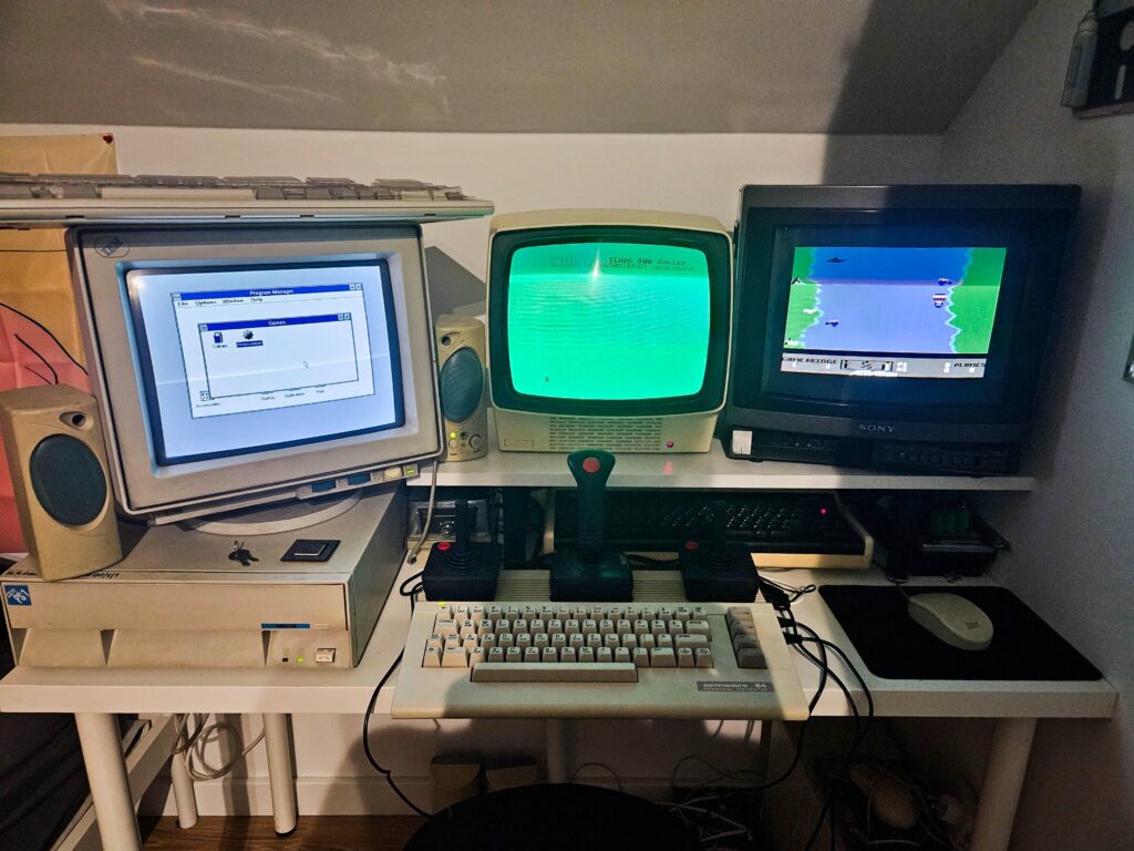 My vintage battle station. Mostly made of e-waste rescues. Cozily nestled in the corner of me room. I gotta get me a keyboard tray cause it's getting crowded.