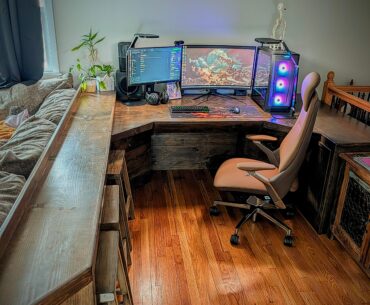 I built the desk/bartop to fit behind my couch. Tried to utilize the space. Definitely still needs wall decor but let me know what you all think!