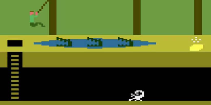 In Pitfall, Harry swings over alligators.