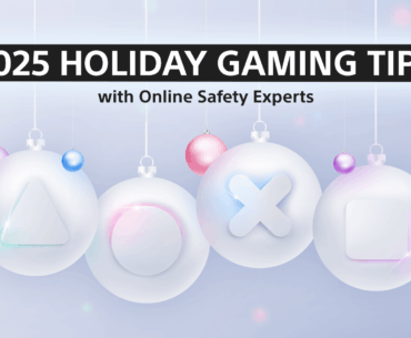 White christmas ornaments with PlayStation shapes (triangle, circle, cross, square) embossed in them. Text on image reads 2025 Holiday Gaming Tips with Online Safety Experts
