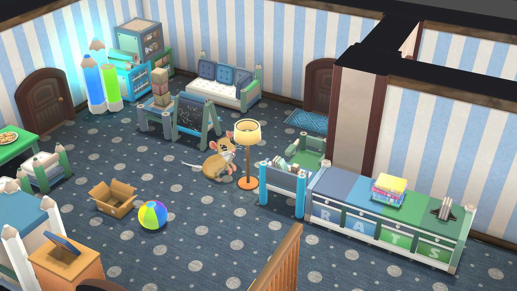 A rat stands in a decorated room in Sqauakross: Home Squeak Home.