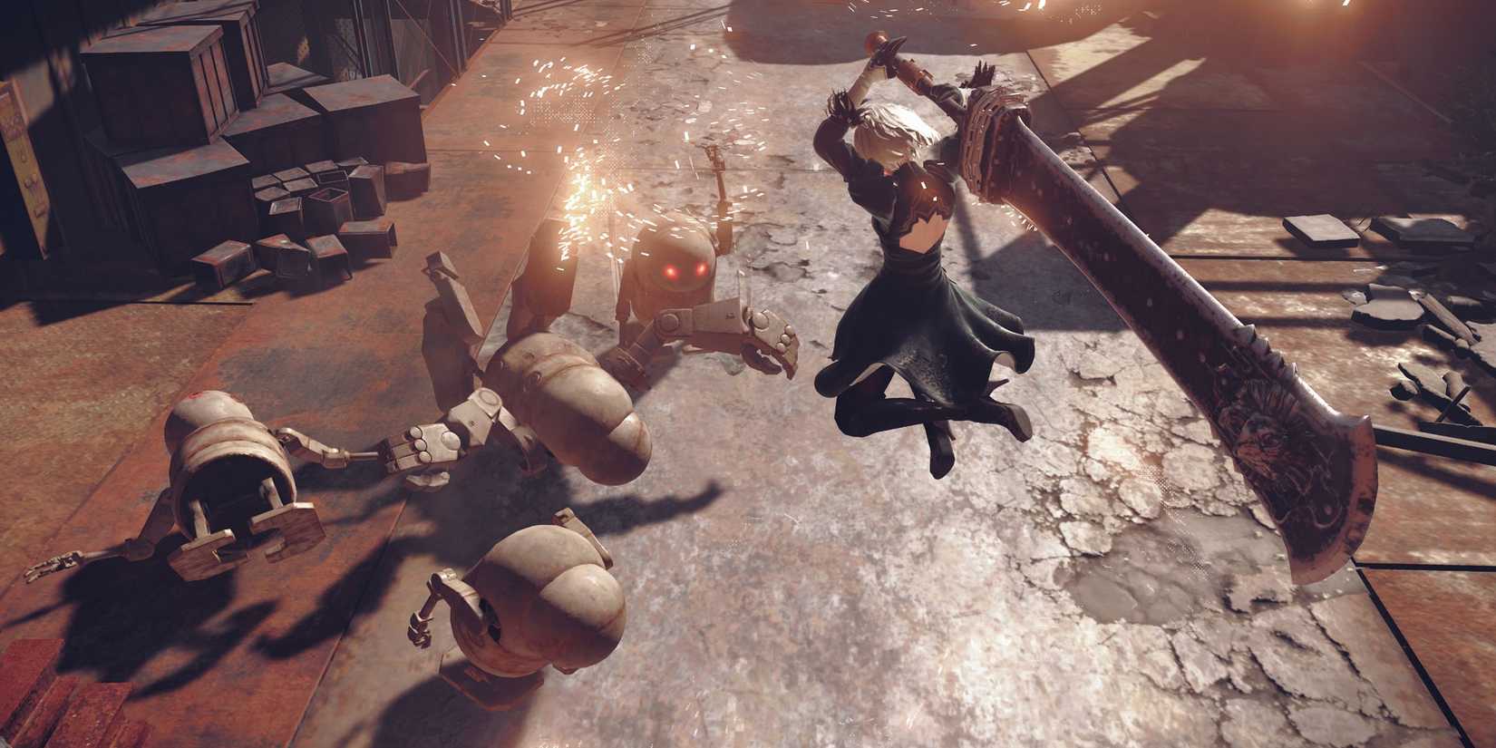 2B fights machines in NieR: Automata