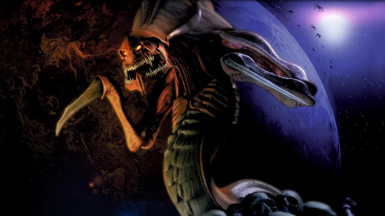 A Zerg roars in front of a planet in the background in 