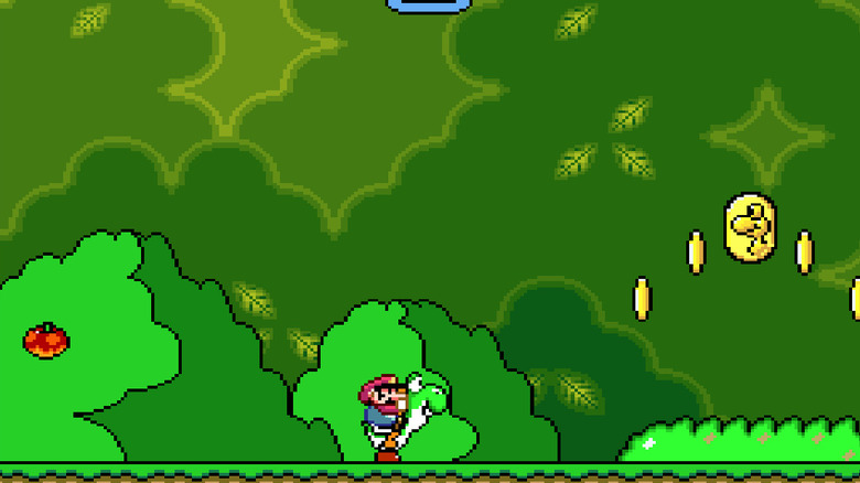Mario rides a Yoshi in a forest in 