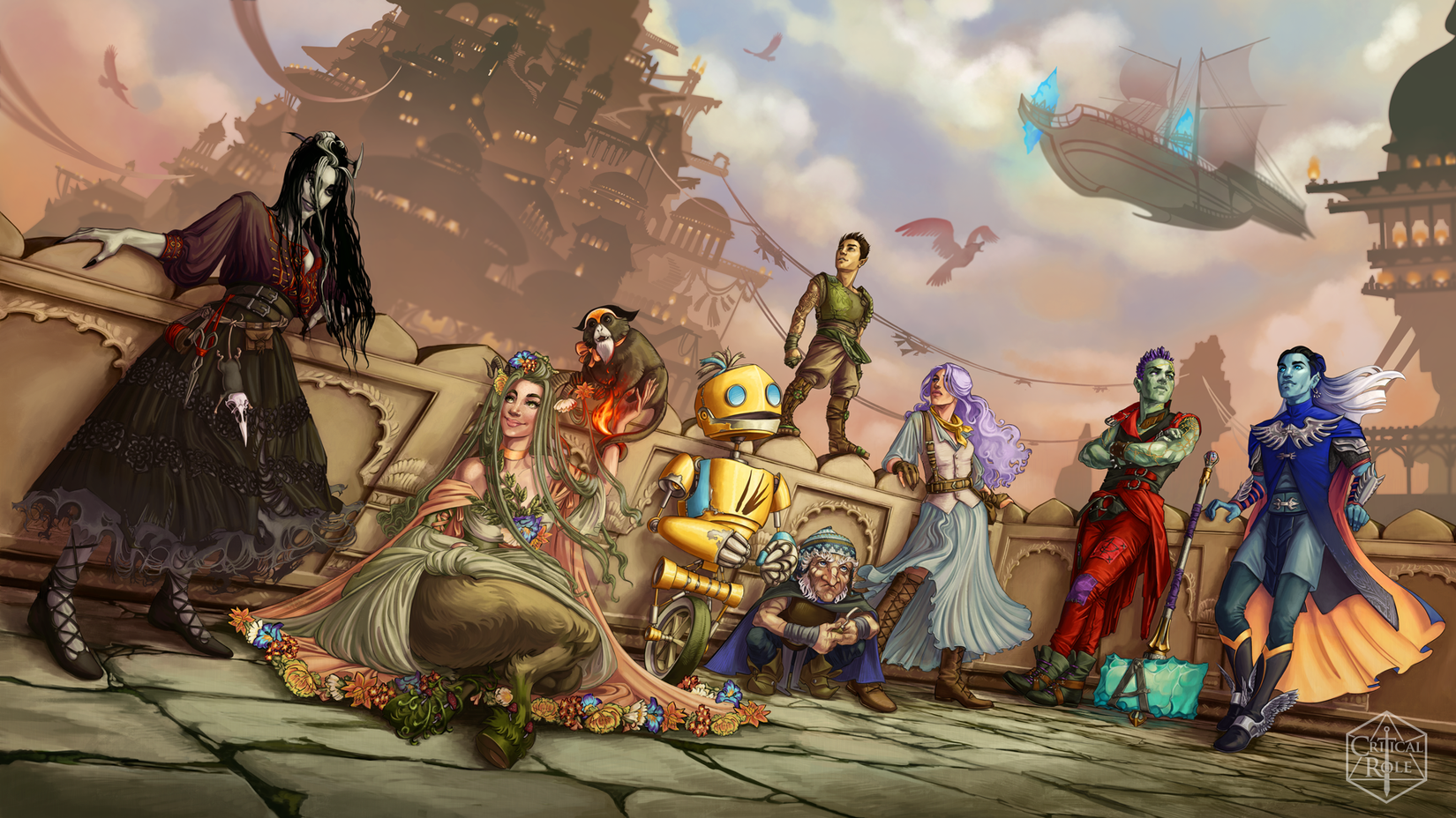 Artwork featuring eight fantasy characters in a courtyard. The closest figure is a pale, raven-haired woman. Sitting next to her is a faun with green hair and a monkey. There is also a robot and a gnome, with a halfling standing on the half-wall. Next to him is a purple haired woman. On the far side, there are two men with green and blue skin respectively. From Critical Role’s campaign 3, Bell’s Hells