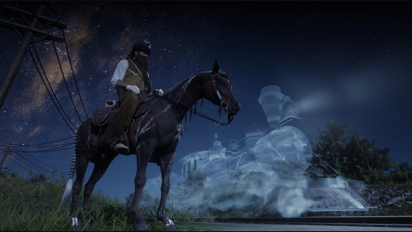 The player standing beside the tracks as the Ghost Train passes by in Red Dead Redemption 2