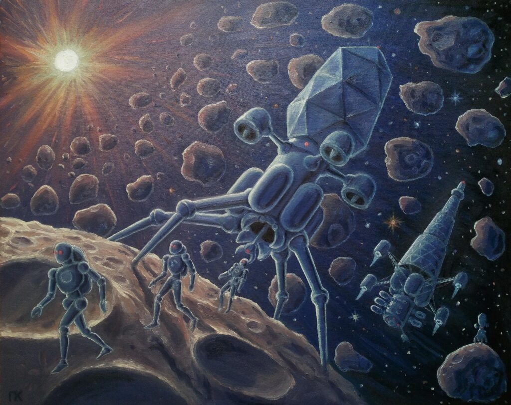Robotic asteroid minig. Oil painting by me