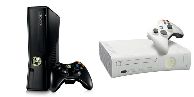 A split image of a black and white Xbox 360.
