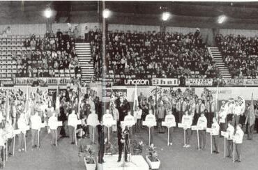 A black and white photo of the Opening Ceremony of the Ornskoldsvik 1976 Paralympics