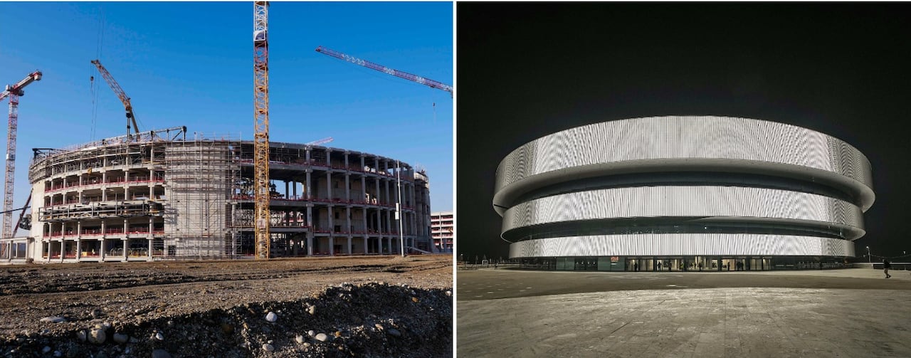A composite image shows a large circular arena in two phases, at left, under construction with several cranes surrounding it, to complete.