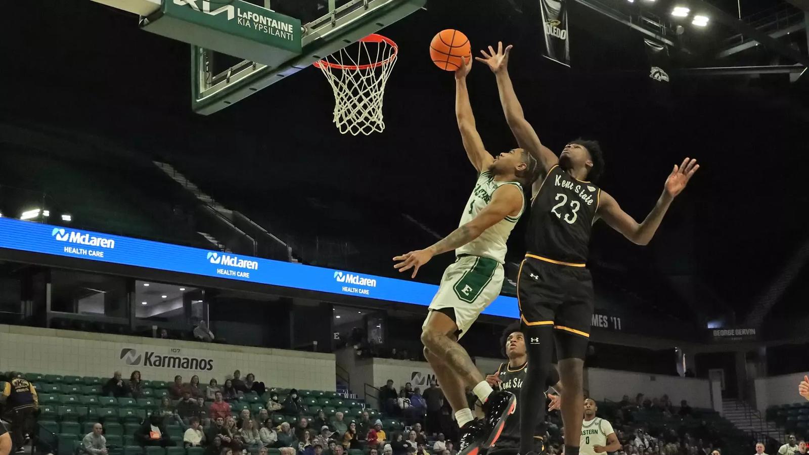 Eastern Off to Central for Tuesday Rivalry Game Mehki Ellison driving toward the basket against Kent State, Jan. 24, 2026