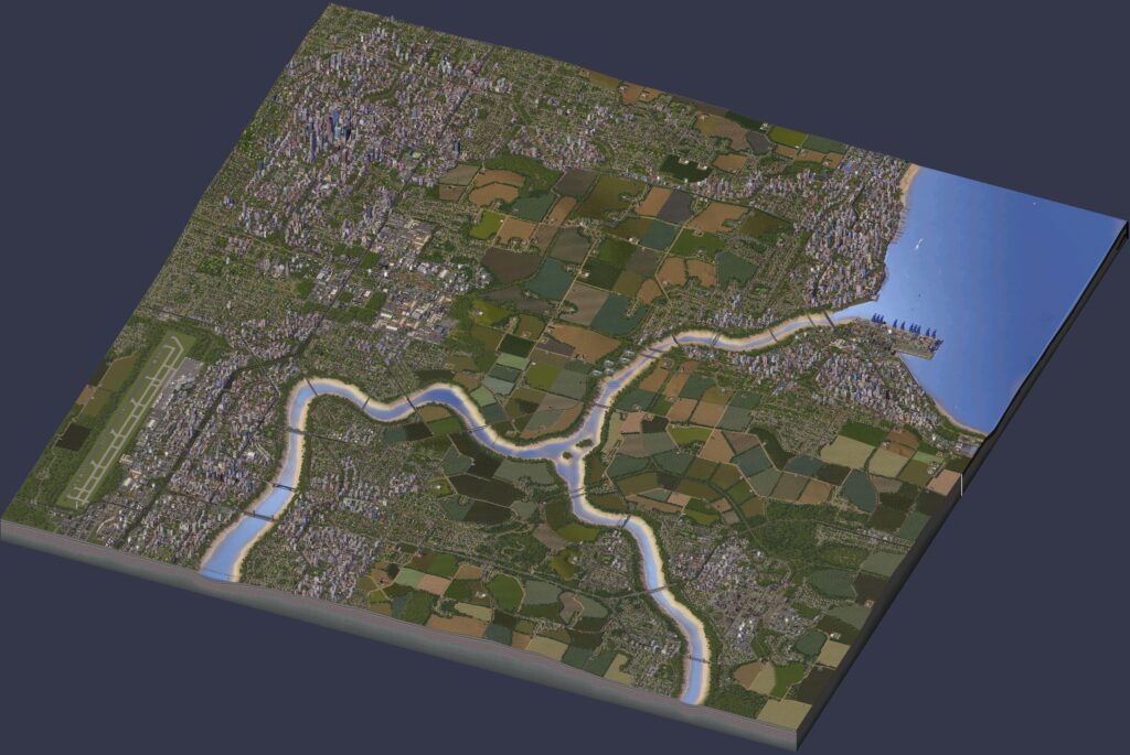 Simcity4 from 2003, this is what 1500 hours in this game looks like, I made an 8x8km tile (4x4km tile is the largest), it is a 12K x 8K pixel massive megacomposite by cropping it in PS using almost all of my 32GB of RAM, you can zoom in to see the big metro area with 655K sims, airport farms and sea