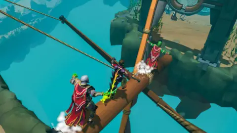 Jagex Three characters are walking down a narrow wooden pole above a vast canyon. They have far more detailed armours and costumes than the previous characters.