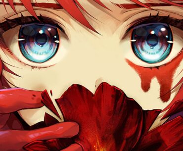 Anime character art of a girl smelling a flower