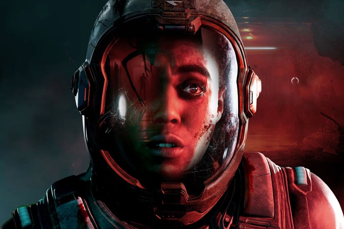 Lashana Lynch, in a video game form, wearing a space suit in the key art for Directive 8020. Reflected in the front of her helmet is the outline of tall, thin alien creature.