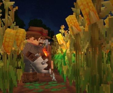 A farmer harvesting corn during Hytale