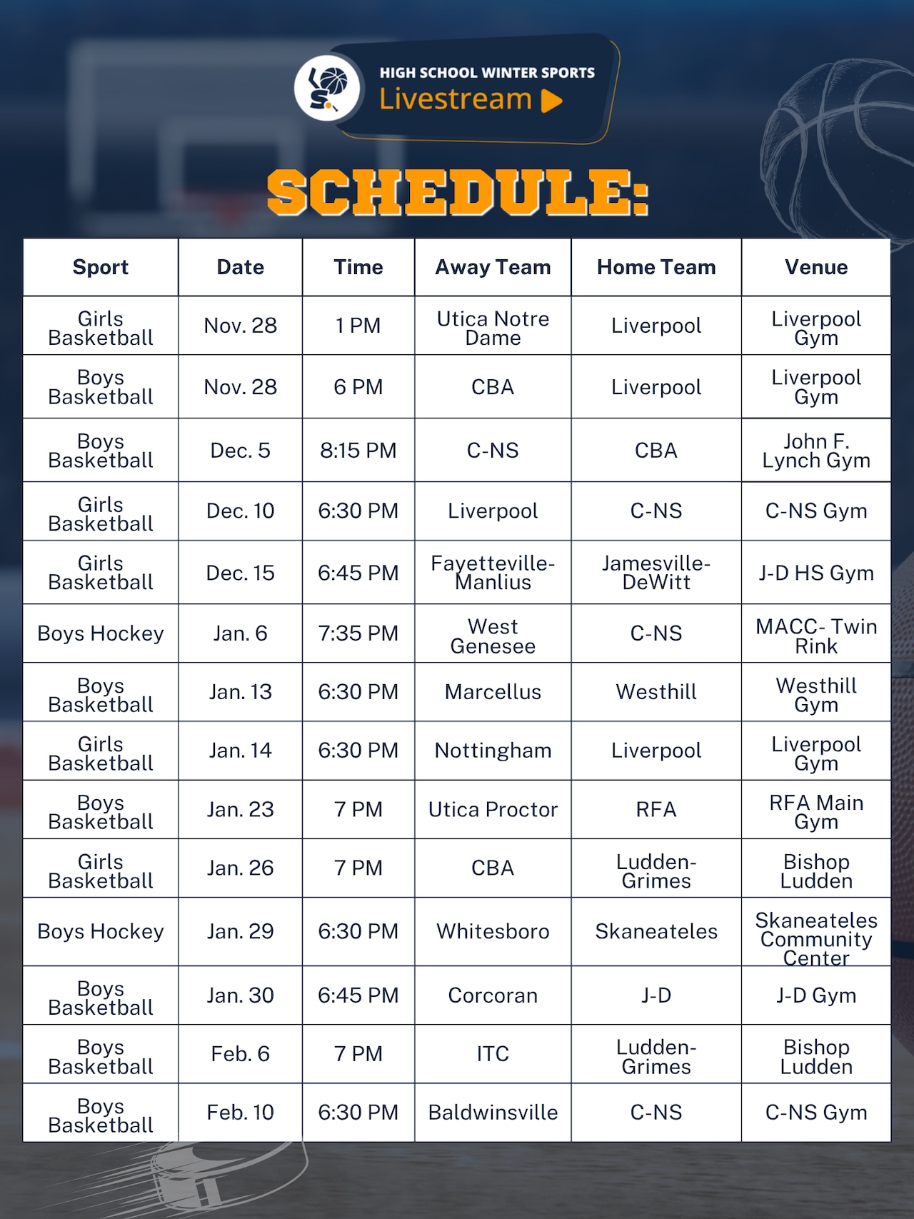 Syracuse.com winter sports livestream schedule