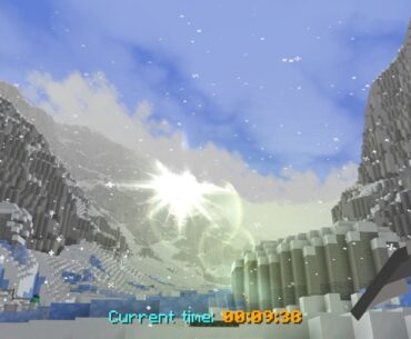 Snowy mountain valley at sunrise with steep icy cliffs, drifting snowflakes, and bright sun glare in the distance