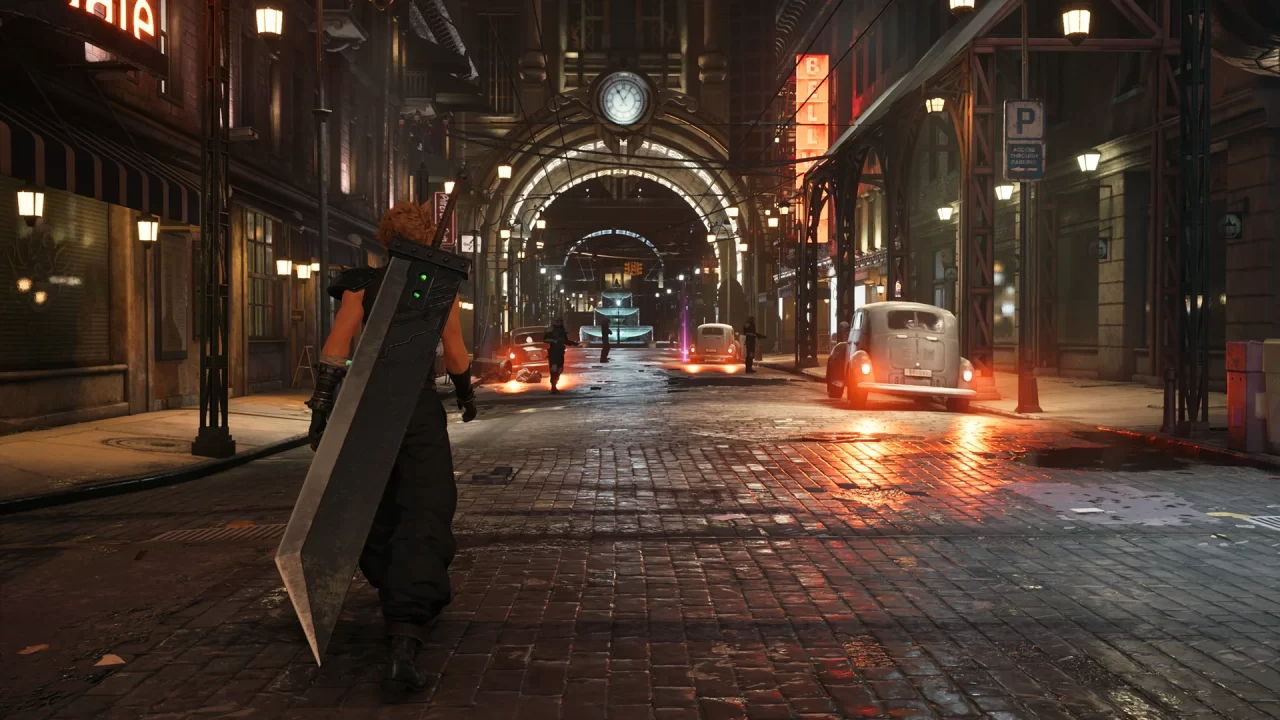 Final Fantasy VII Remake Intergrade Screenshot of Cloud walking down a Midgar street at night