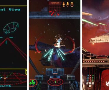 Split image showing three space simulator games from three different eras: Elite (1984), Starlancer (2000), and Star Wars Squadrons (2020).