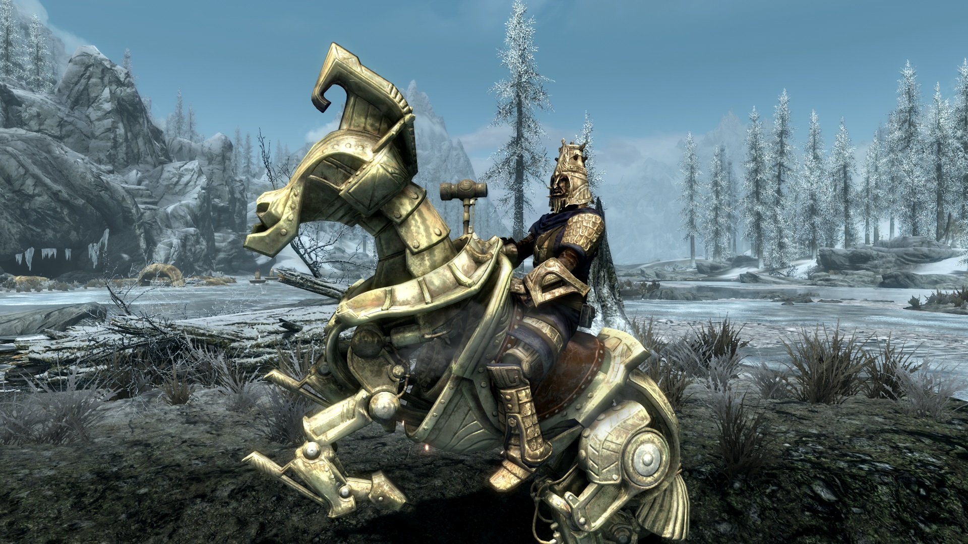 An armored player sits atop a gold furnished Dwarven mechanical horse in Skyrim.