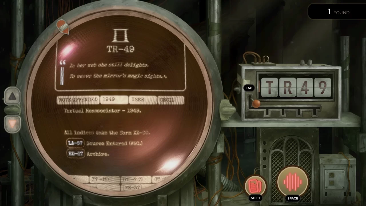 A retro-styled machine with a circular display displaying cryptic messages in TR-49