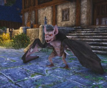 Red-eyed winged creature standing in front of stone steps