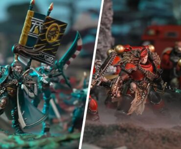 Aeldari Corsairs and Red Corsairs divided by a white line