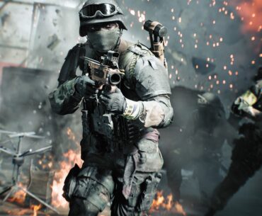 A picture of Battlefield 6 showing a soldier moving through smoke and explosions with their gun raised