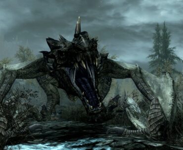 A dragon roars at the player in Skyrim. A storm is intensifying in the background.