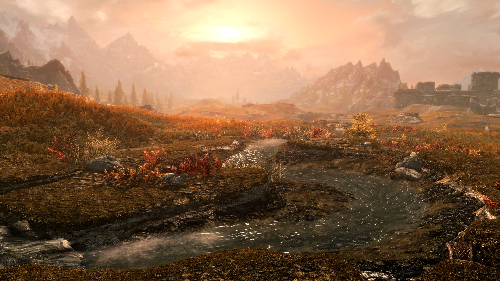 A gorgeous sunsetted vista in Skyrim. A stream is surrounded by fall-like foliage as the sun sets over a mountainous background.