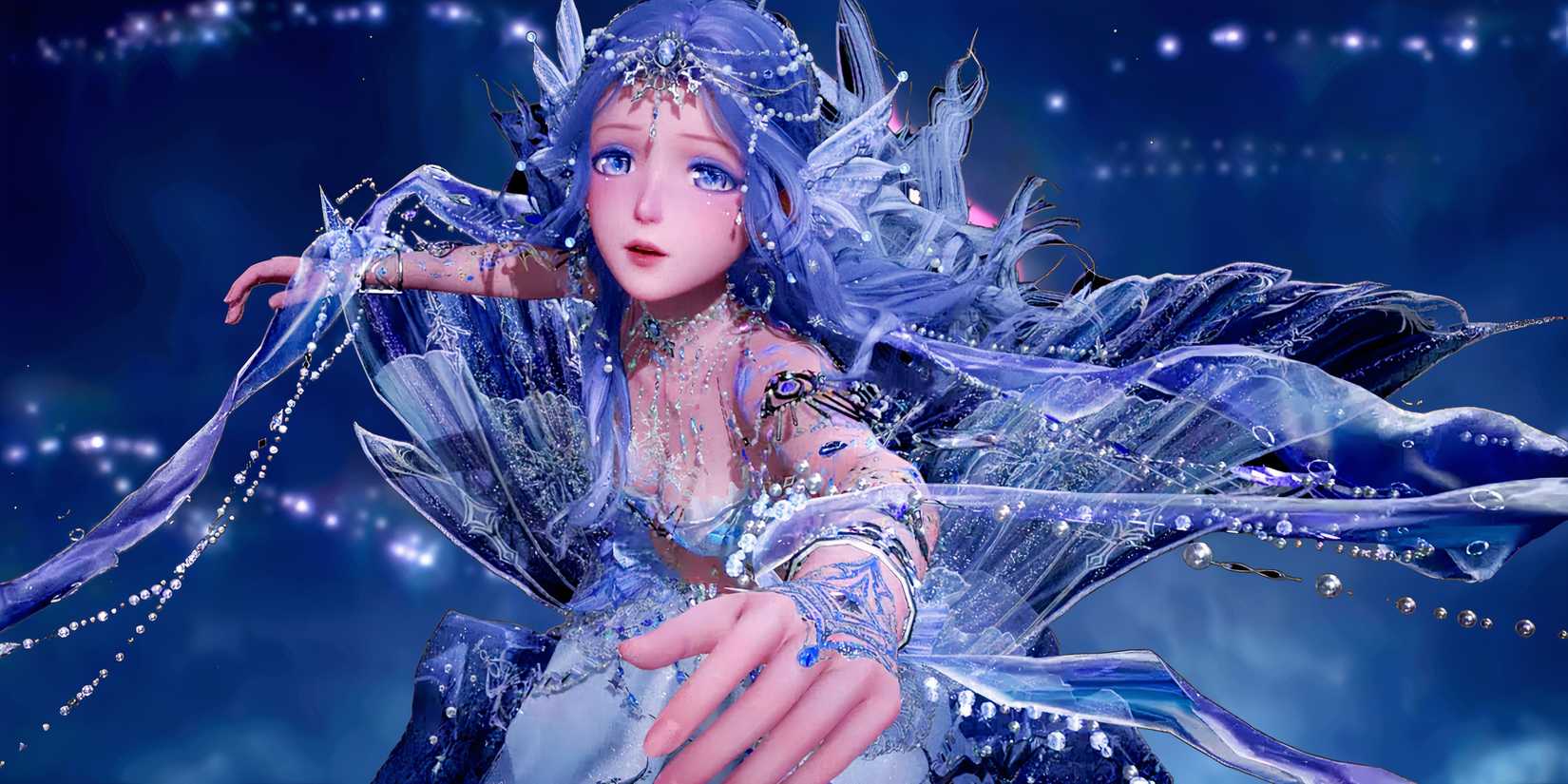 Infinity nikki screenshot from new introduction showing nikki in a blue dress looking distressed