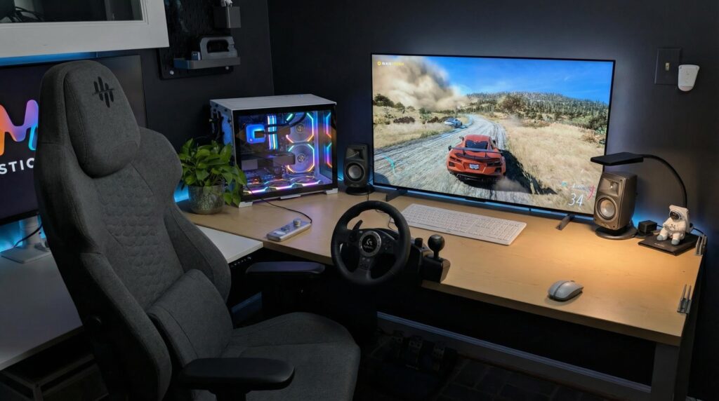Haptic Gaming chair with OLED TV, Simple yet immersive.