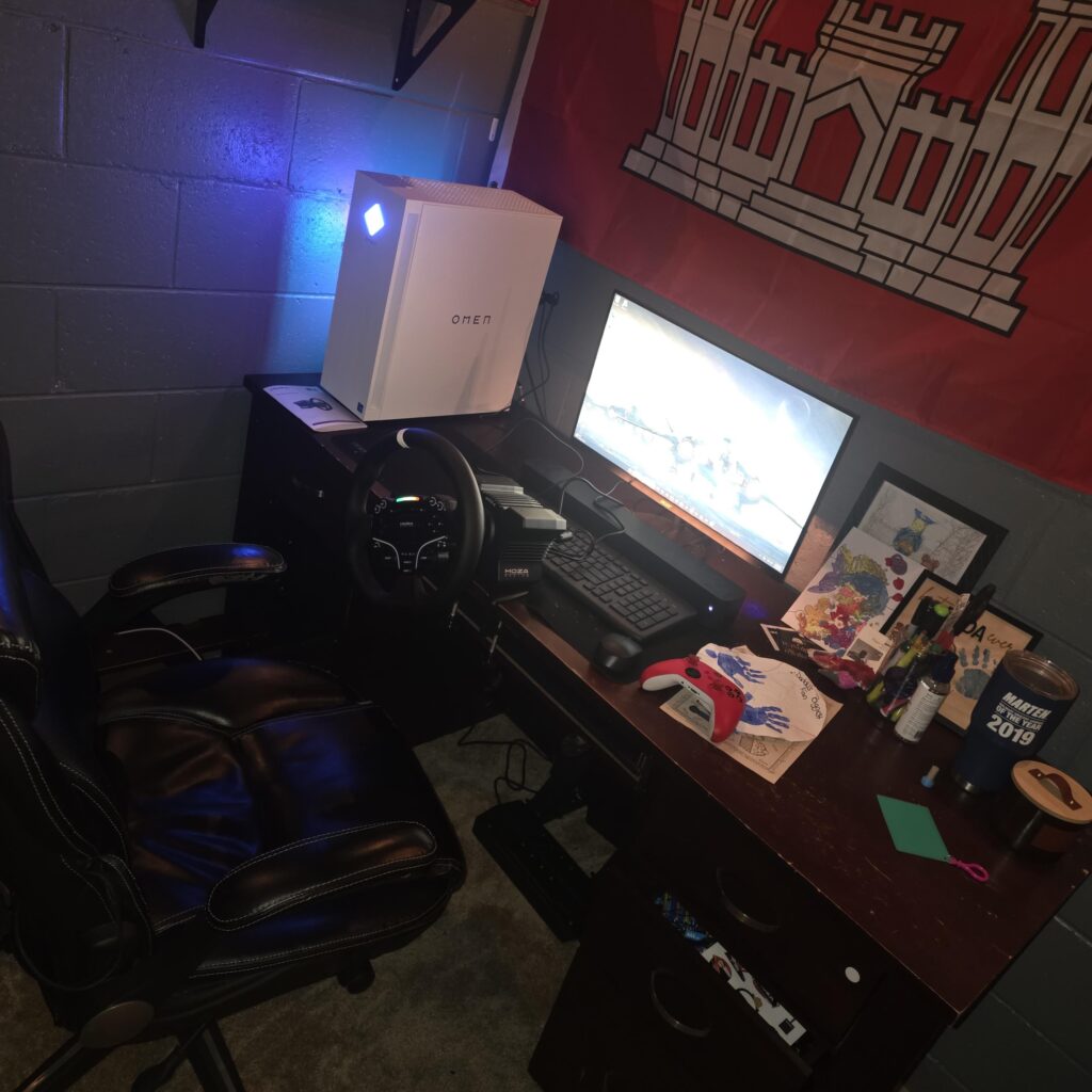 Here's my set up. Cluttered rn but I think there's some potential. Just started on the sim racing rabbit hole lol.