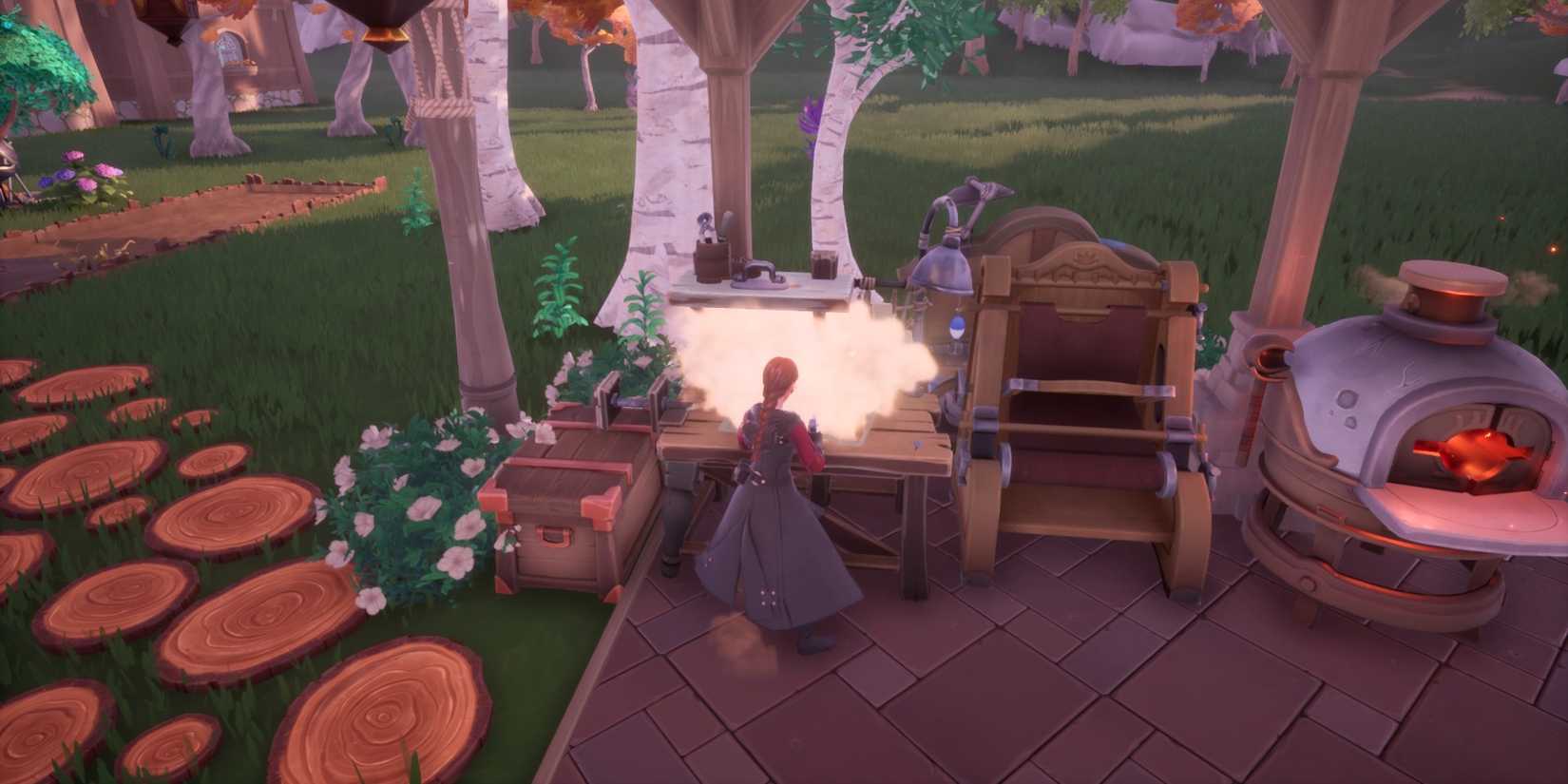 Player stood at their worktable crafting in Palia