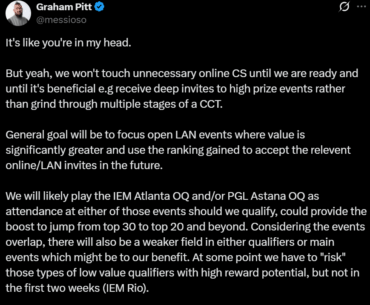 messioso gives insight to 100T's strategic skip of Rio OQ for Atlanta/Astana rank boost