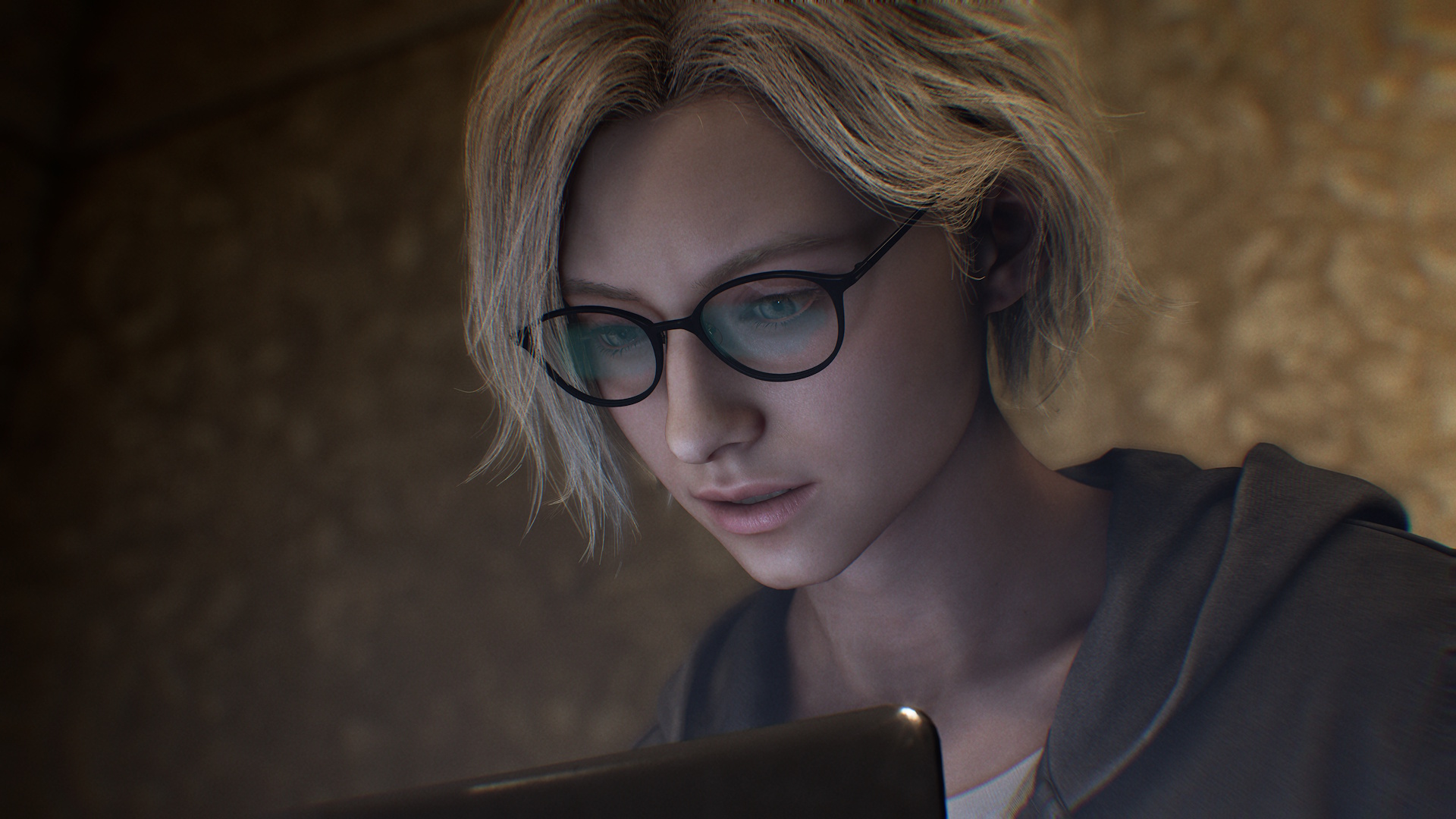 Grace Ashcroft looks at a computer in Resident Evil Requiem screenshot