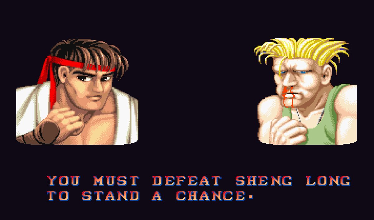 Pixel art screenshot of Ryu from Street Fighter 2 saying the victory quote: "You must defeat Sheng Long to stand a chance."