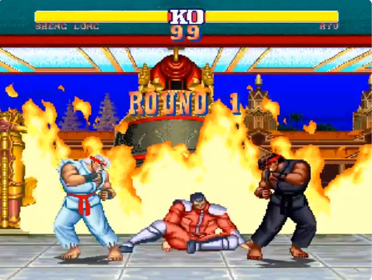 Doctored gameplay screenshot showing Ryu facing off against Sheng Long with M. Bison unconscious on the floor.