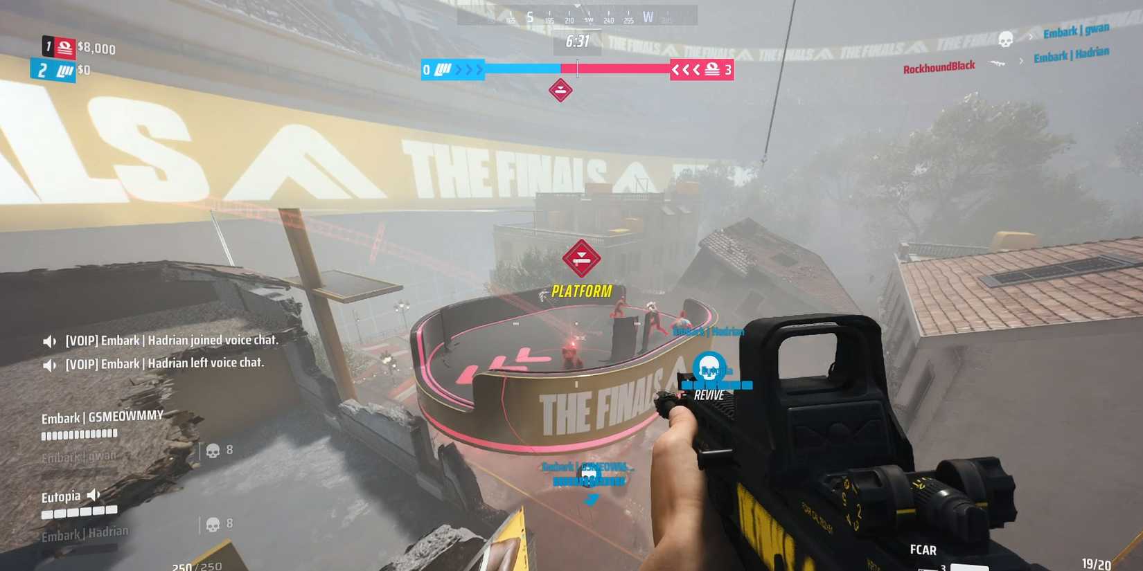 The Finals player looking down at a moving platform in Power Shift mode. 