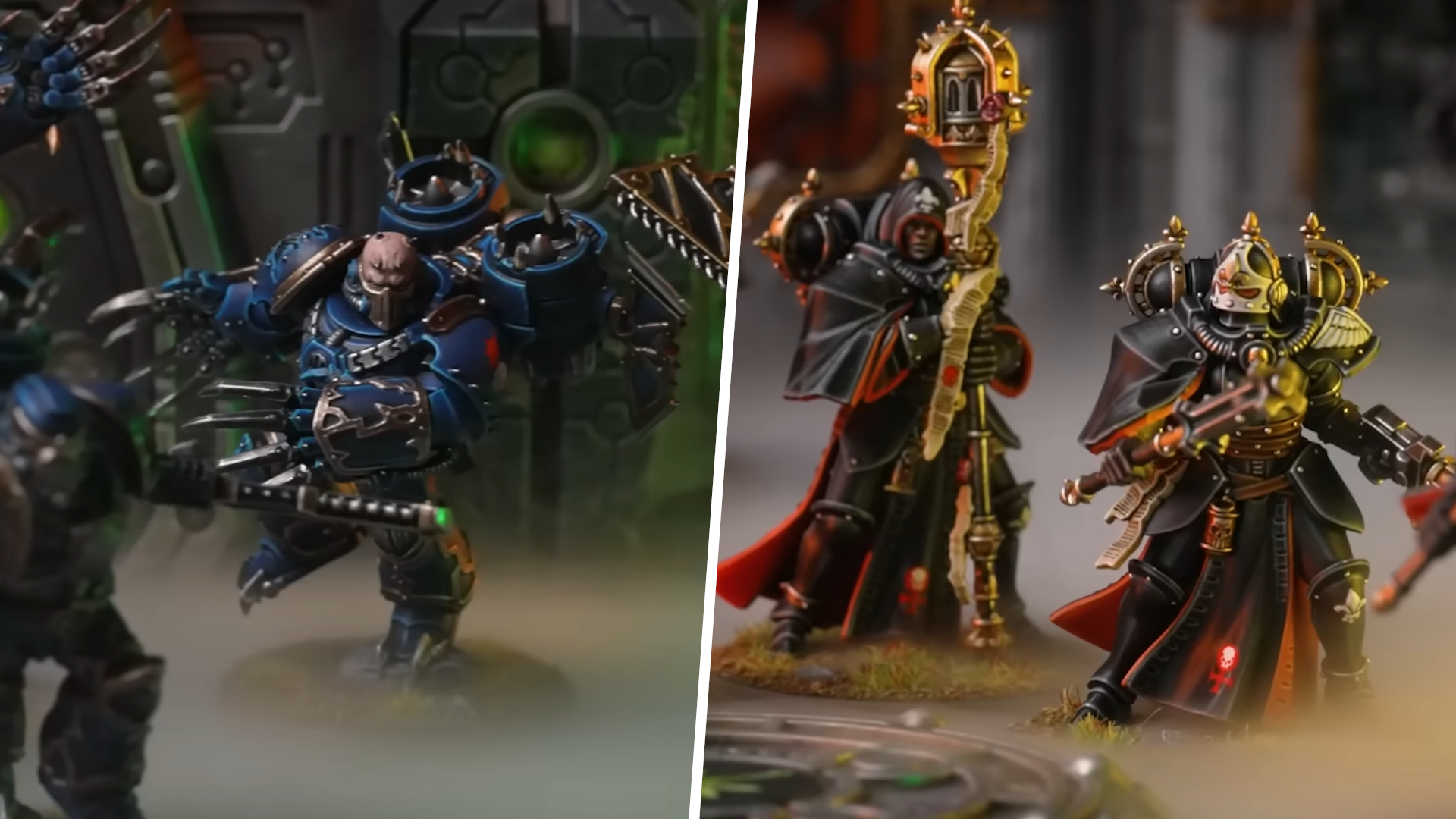 A Murderwing warrior with long metal claws and two Adepta Sororitas warriors with holy relics from the Kill Team: Shadowhunt box, divided by a white line