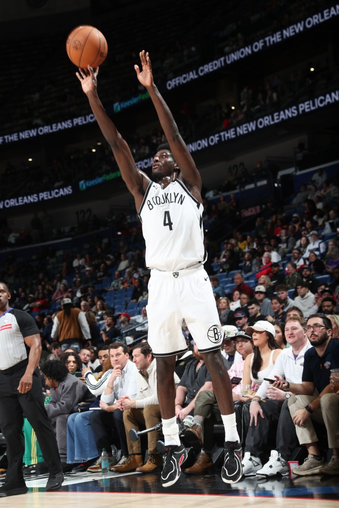 Drake Powell #4 of the Brooklyn Nets shoots the ball during the game against the New Orleans Pelicans on January 14, 2026 at the Smoothie King Center in New Orleans, Louisiana. 