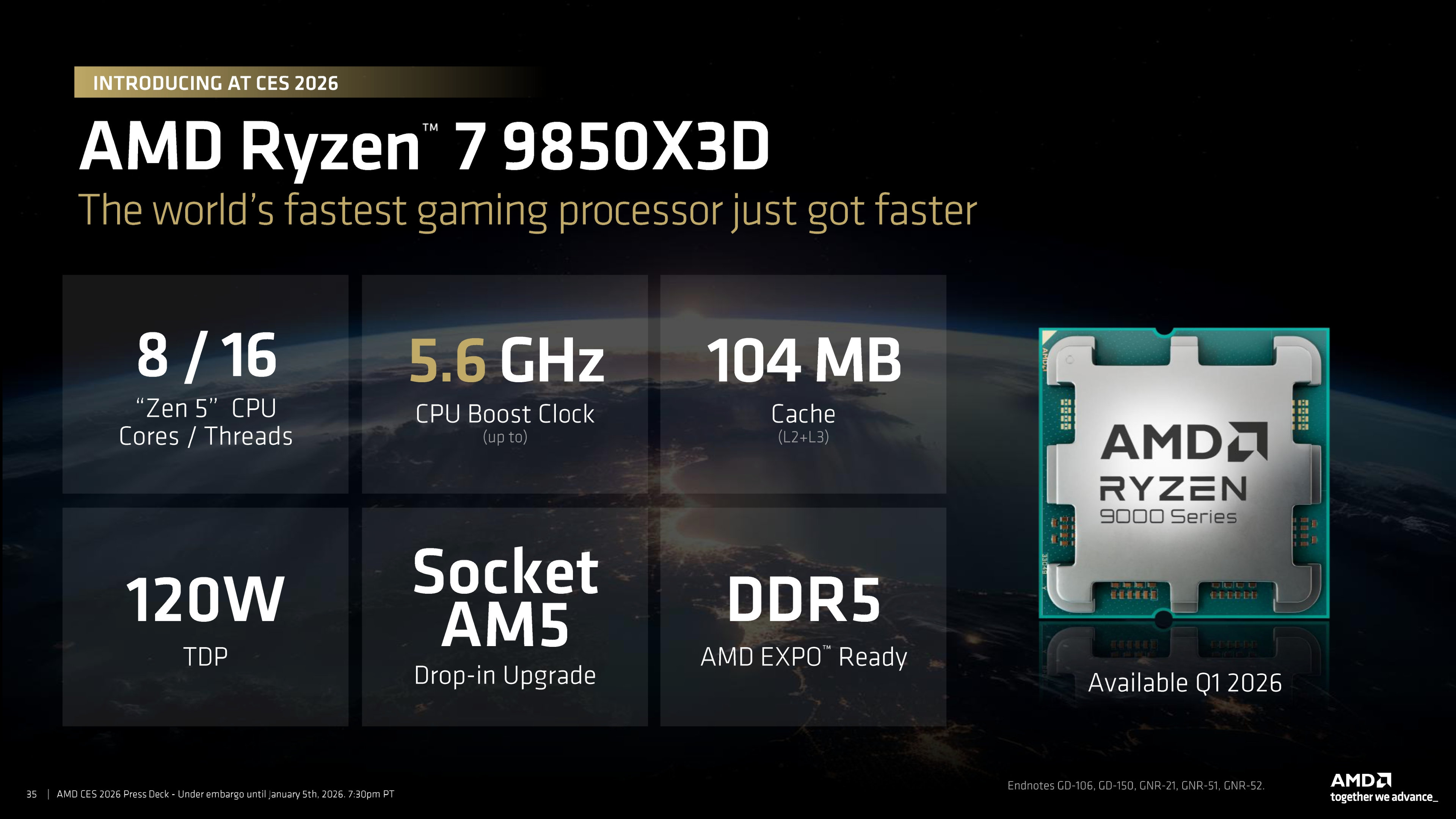 AMD CES 2026 presentation slide for the Ryzen 7 9850X3D processor
