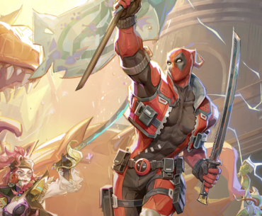 Deadpool raises a flag while holding a katana in his other hand