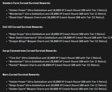 You have to reach round 100 in each tier to earn the rewards on cursed survival map iseems