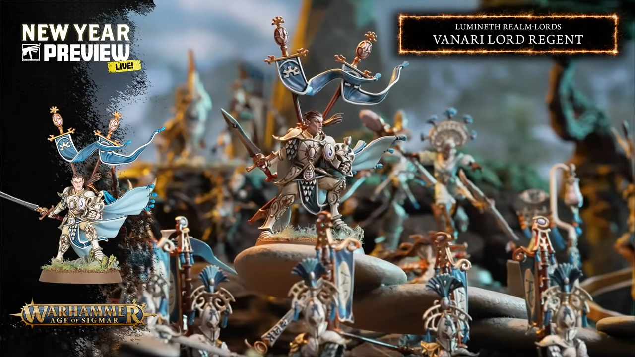Warhammer Age of Sigmar Lumineth Realmlords models arrayed around a heroic figure