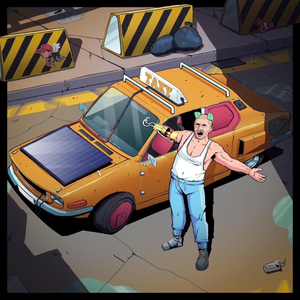 not really a main character type of cyberpunk illustration, but random taxi driver from night city