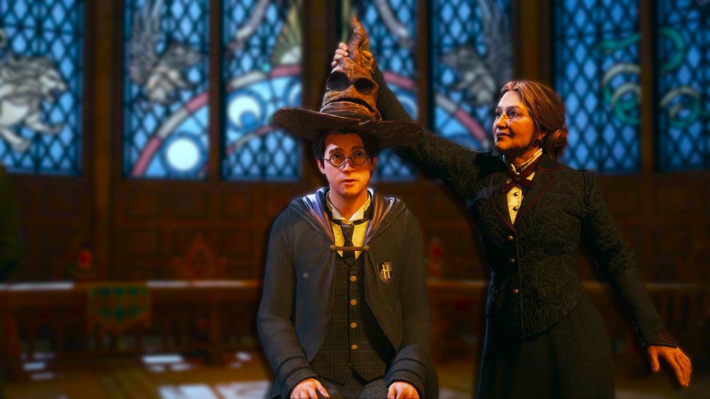 Professor Weasley putting the sorting hat on the player in Hogwarts Legacy.
