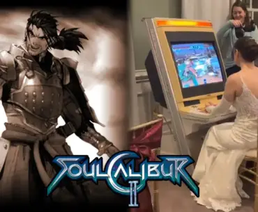 Bride and groom compete against each other in Soul Calibur 2 during their wedding celebration