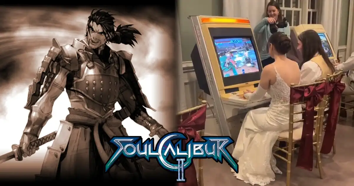 Bride and groom compete against each other in Soul Calibur 2 during their wedding celebration Bride and groom compete against each other in Soul Calibur 2 during their wedding celebration